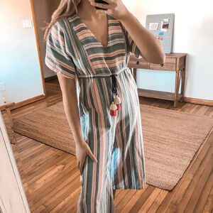 The Odells Striped V Neck Cropped Wide Leg Tassled Beach Vacation Romper XS